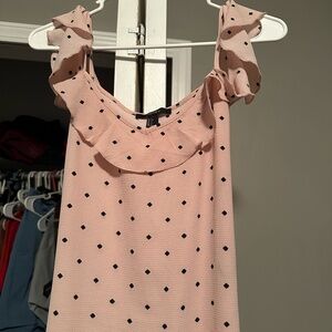 Forever 21 Cold Shoulder Ruffle Sleeve Long Slip Dress Pink & Black Polka Dot